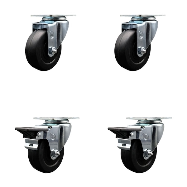 3.5'' Soft Rubber Wheel Swivel Top Plate Caster Set with 2 Posi Brakes, 4PK